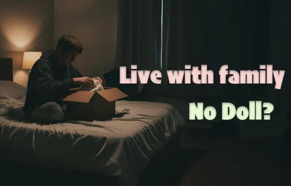 A young man sitting on a bed in a dimly lit room, opening a cardboard box, with the text 'Live with family No Doll?' overlaid.