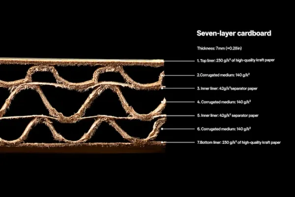Diagram of seven-layer cardboard, showing thickness and material specifications for each layer, including top liner, corrugated mediums, and inner liners.