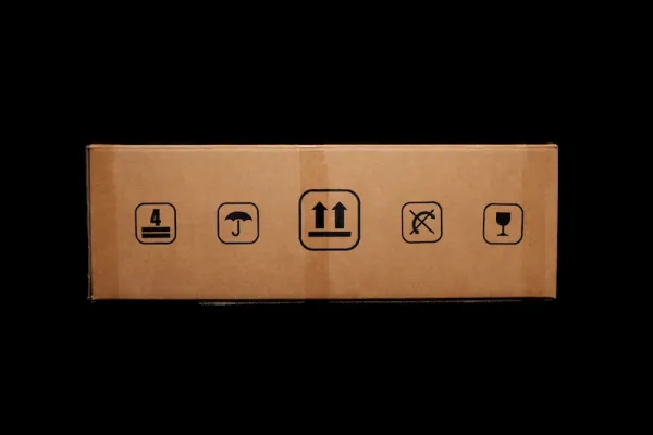 Cardboard box with handling symbols indicating weight limits, fragility, and orientation.