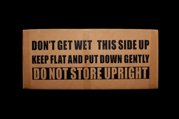 Cardboard box with warning instructions: 'DON’T GET WET THIS SIDE UP KEEP FLAT AND PUT DOWN GENTLY DO NOT STORE UPRIGHT' in bold black letters.