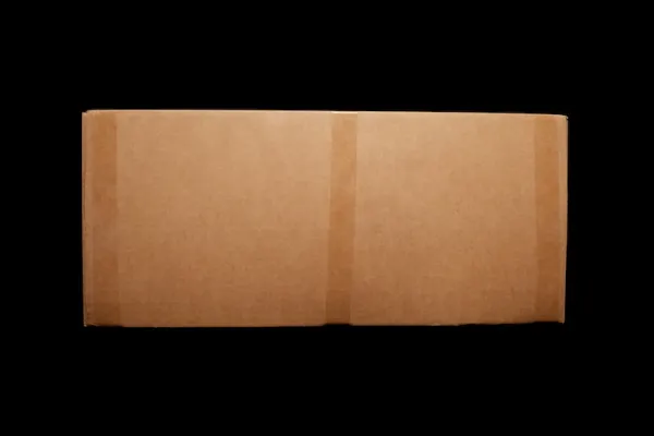 A plain brown cardboard box viewed from above on a black background.