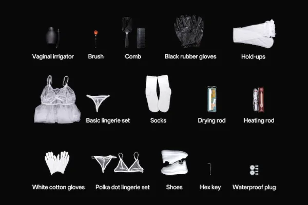 A collection of various items including a vaginal irrigator, brush, comb, black rubber gloves, and hold-ups arranged on a black background. Additionally, there is a basic lingerie set, socks, a drying rod, a heating rod, white cotton gloves, a polka dot lingerie set, shoes, a hex key, and a waterproof plug.