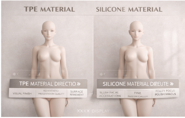Comparison of TPE and silicone materials displayed on mannequins, highlighting properties like visual finish and surface refinement. TPE material is on the left, while silicone material is on the right.