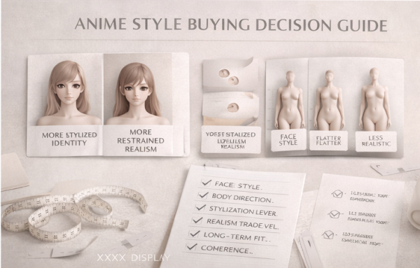 A visual guide titled 'Anime Style Buying Decision Guide' featuring two stylized character images, one depicting more stylized identity and the other a more restrained realism. The right side displays various body types labeled with face style, flatter flattener, and less realistic. Below are checklists for face style, body direction, stylization level, realism trade-off, long-term fit, and coherence.