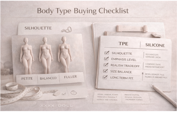 Infographic titled 'Body Type Buying Checklist' featuring three female silhouettes labeled 'Petite,' 'Balanced,' and 'Fuller,' alongside a checklist for TPE and silicone types with criteria such as silhouette, emphasis level, realism trade-off, size balance, and long-term fit.