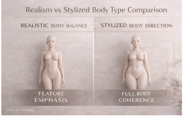 Comparison of realistic and stylized body types, highlighting body balance versus body direction, with a focus on feature emphasis and full-body coherence.