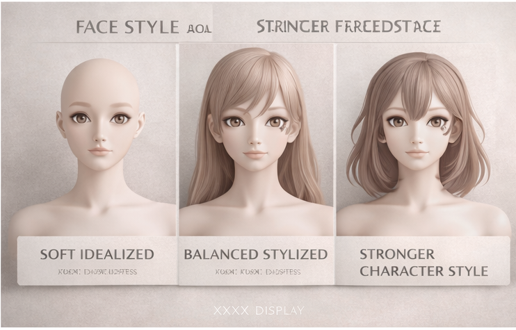 Face style comparison showing soft idealized, balanced stylized, and stronger character-inspired directions