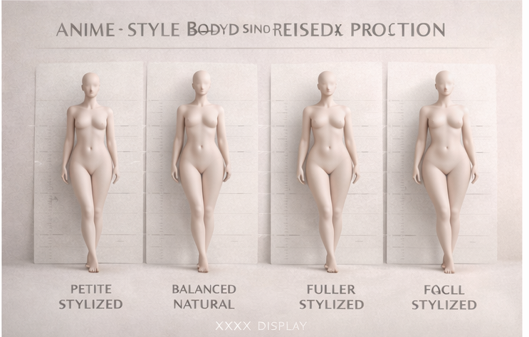 Body direction comparison showing petite, balanced, and fuller anime-inspired silhouettes