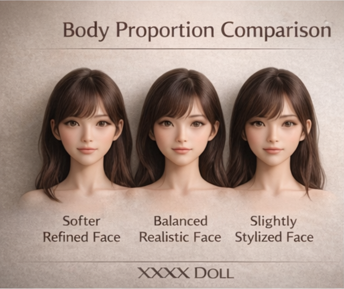 Comparison of three doll face styles labeled as Softer Refined Face, Balanced Realistic Face, and Slightly Stylized Face.