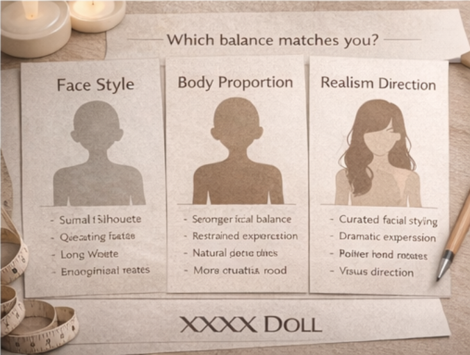 An infographic discussing different balances for dolls, featuring sections on Face Style, Body Proportion, and Realism Direction, with detailed descriptions listed under each category.