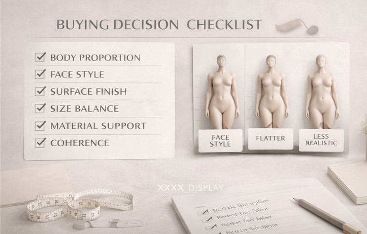 A checklist for buying decisions featuring six criteria: Body Proportion, Face Style, Surface Finish, Size Balance, Material Support, and Coherence, alongside three mannequin illustrations labeled Face Style, Flatter, and Less Realistic.