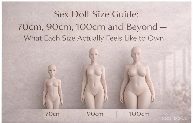 Sex doll size guide cover showing 70cm, 90cm, and 100cm mannequin-style figure scale directions