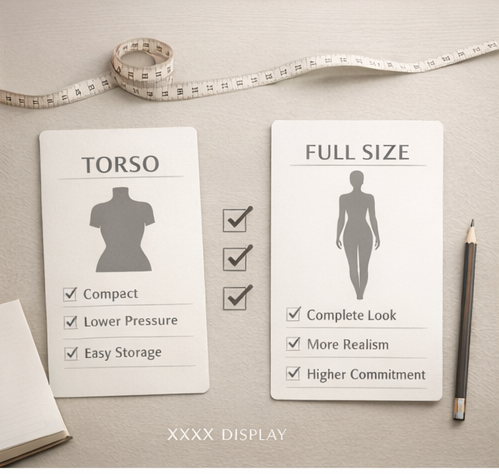 Comparison of torso and full-size display options, highlighting features such as compactness, lower pressure, easy storage for torso, and complete look, more realism, higher commitment for full-size.