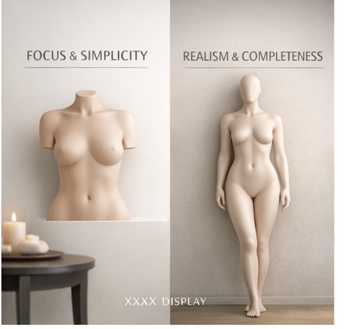 A minimalist display featuring two mannequins. On the left, a torso mannequin labeled 'Focus & Simplicity', and on the right, a full-figure mannequin labeled 'Realism & Completeness', with a small table and candles in the foreground.