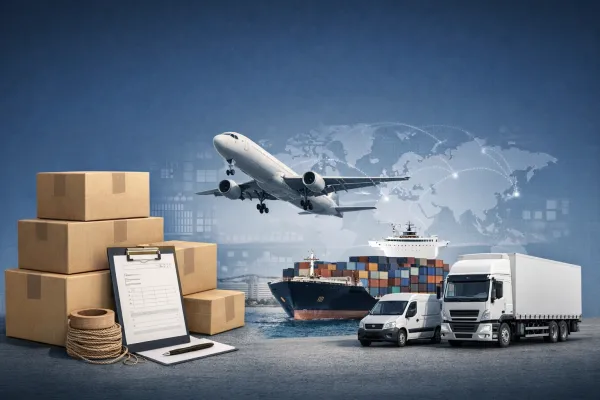 A collage of logistics elements including cardboard boxes, an airplane in flight, a cargo ship, delivery trucks, and a clipboard with a shipping document against a digital world map background.