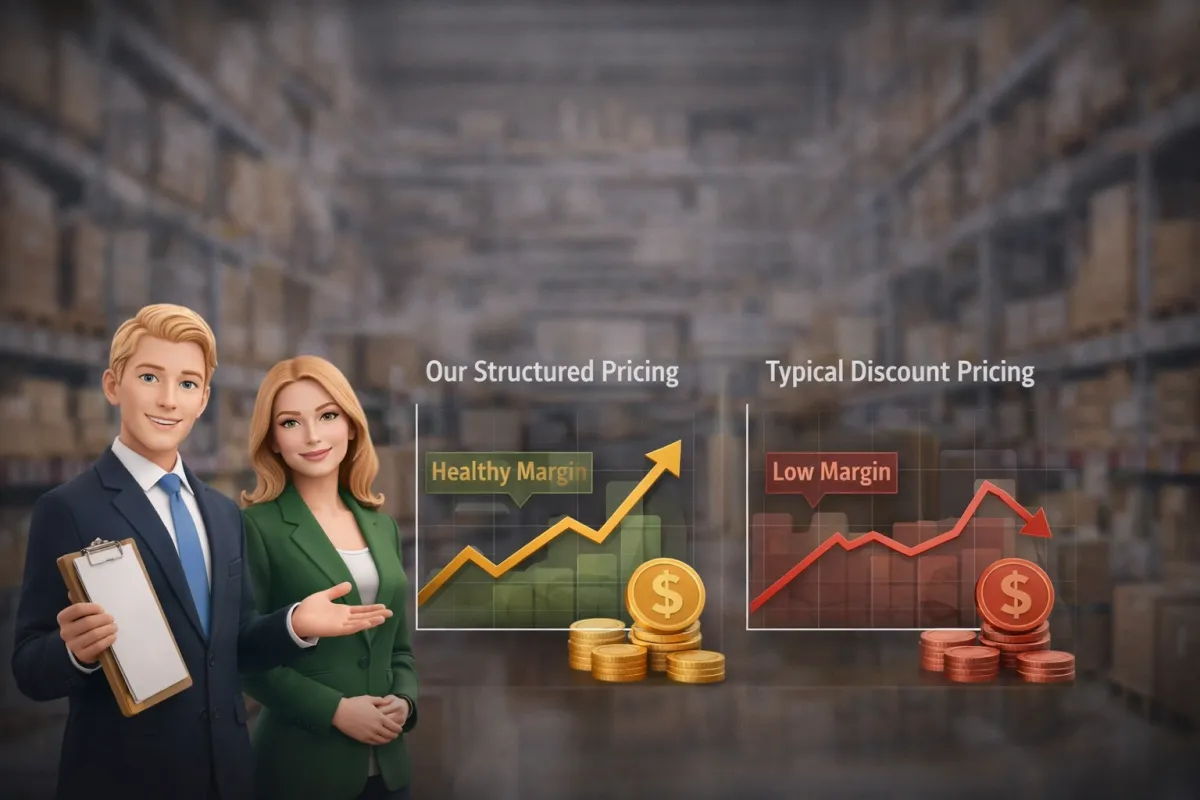 Illustration of a man and woman discussing pricing strategies, with graphs comparing structured pricing showing a healthy margin versus typical discount pricing indicating a low margin.