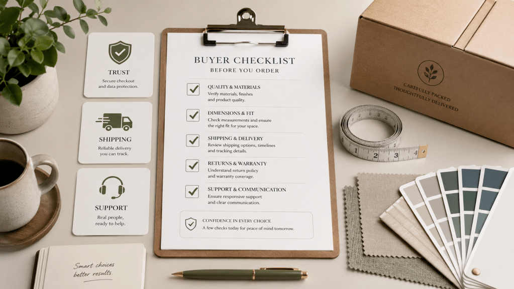A buyer checklist on a clipboard outlining quality, dimensions, shipping, returns, and support considerations before placing an order. Nearby are three informational cards on trust, shipping, and support, alongside a coffee cup, measuring tape, fabric samples, and a box labeled 'carefully packed thoughtfully delivered.'