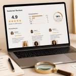 Customer review research for a custom doll store with laptop ratings, buyer checklist, product photos, and discreet package