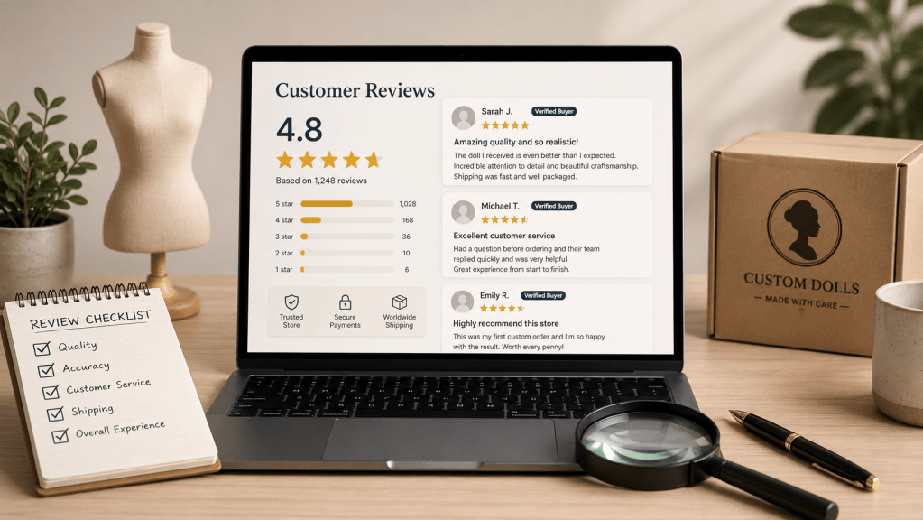 A laptop displaying customer reviews with a 4.8 star rating based on 1,248 reviews, alongside a mannequin, a notepad with a checklist, a magnifying glass, and a box labeled 'Custom Dolls' on a wooden desk.