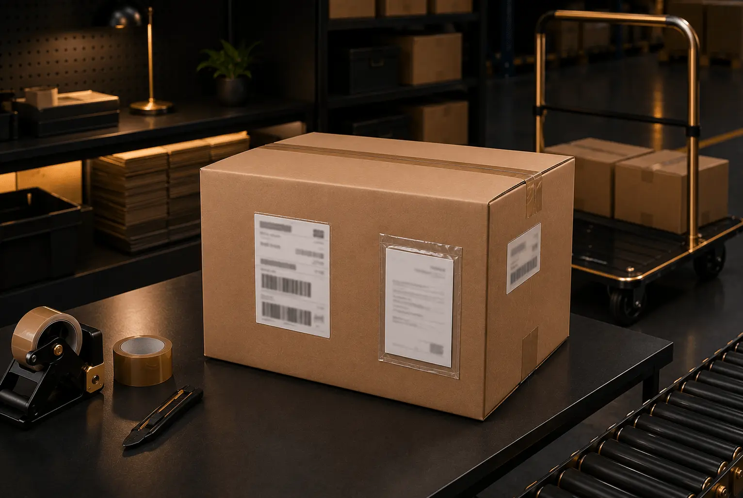 Plain shipping carton with neutral carrier label