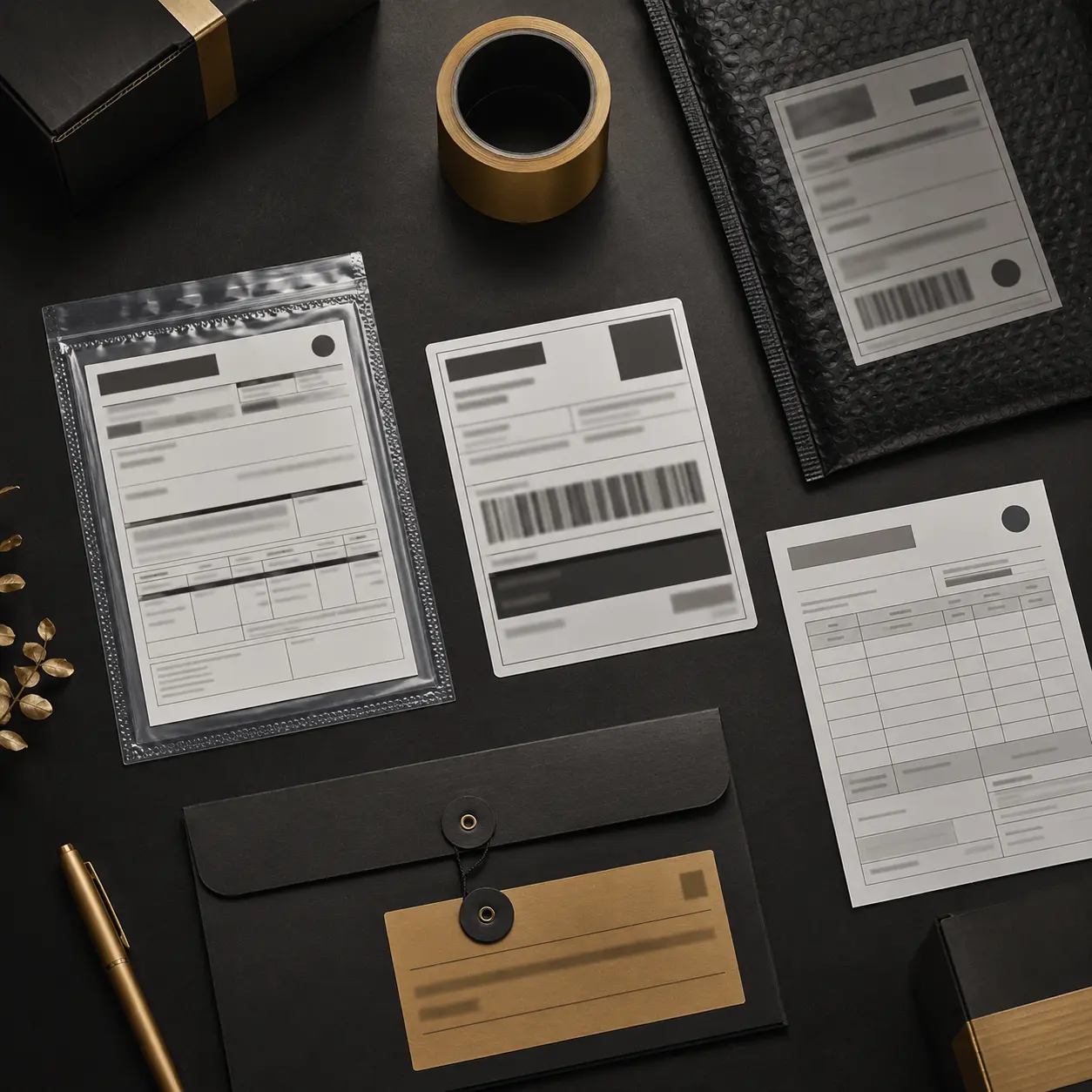 Neutral shipping label and customs documents without personal details